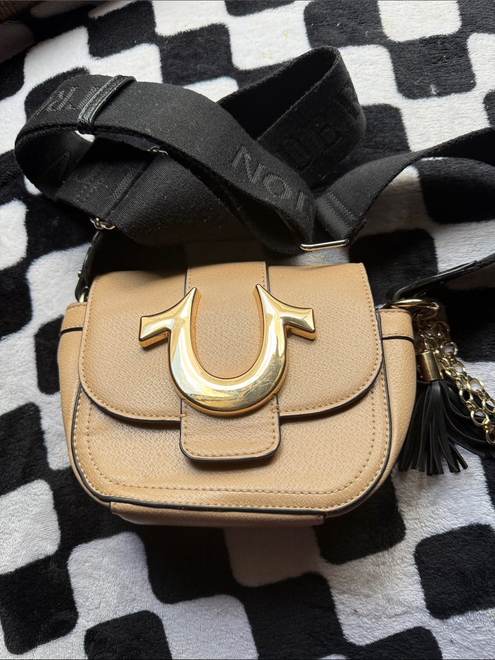 True Religion Beige Crossbody Bag with Gold Horseshoe Accent